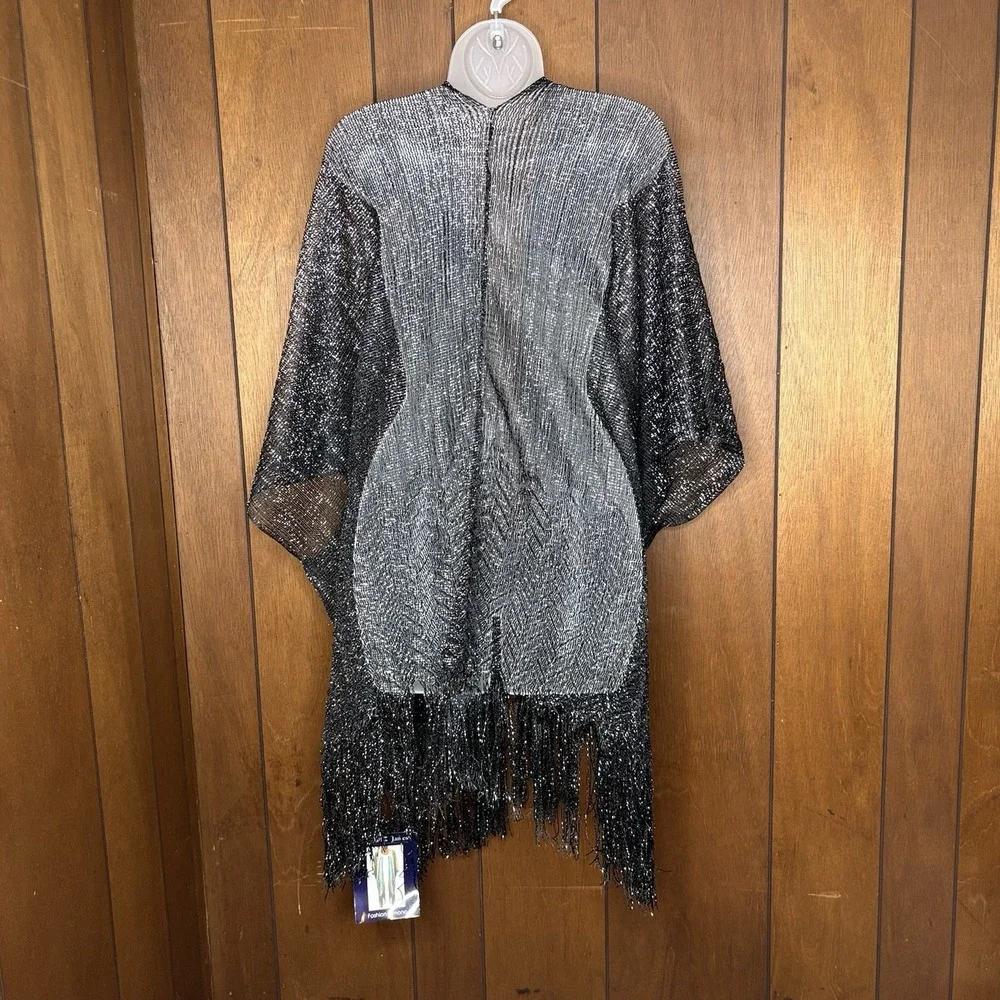 Boho Whimsigoth Kimono Silver Metallic Net Wrap Shawl Festival Sheer Glam NWT